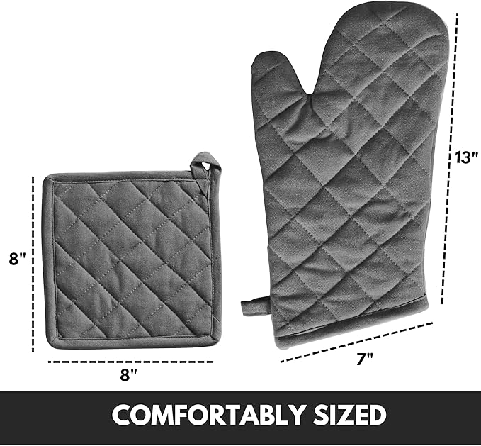Oven Mitts + Pot Holders 100% Cotton Heat Resistant Oven Gloves (7"x13") & Hot Pads (8"x8") for Gifts Cooking BBQ Baking Grilling - Grey