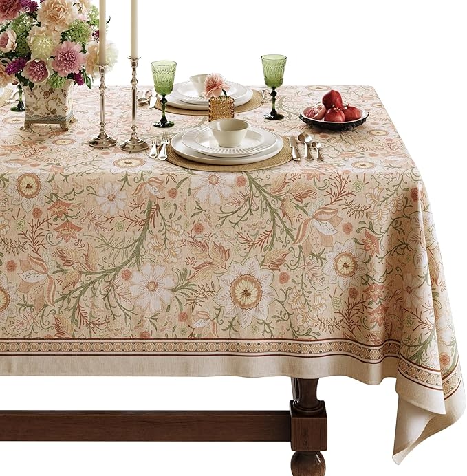 French Linen Tablecloth Rectangular, Vintage Floral Table Cloth, Waterproof Table Cover for Picnic Dining Party Wedding, Blossom Pink, 63x106''