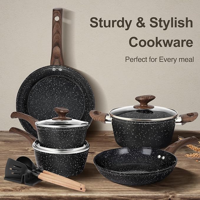 Pots and Pans Set Non Stick, 12pcs Black Ceramic Cookware Set, Non-toxic Induction Cookware Kitchen Cooking Set, PFAS and PFOA Free