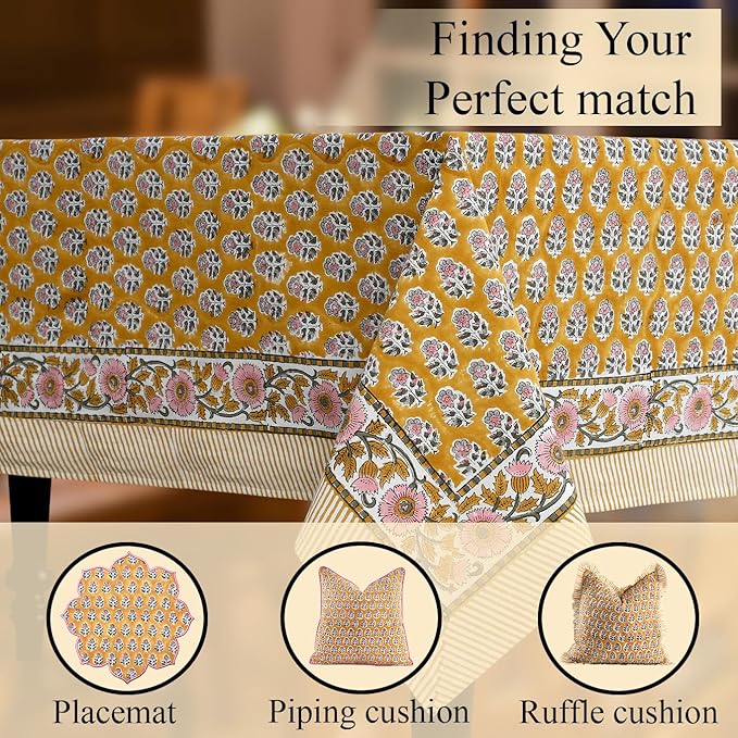 CPC Tablecloth 100% Cotton 60x60 Inch Indian Block Print Square Table Cover, Table Cloth for Weddings, Spring/Summer, Barbeque - Yellow Citrine