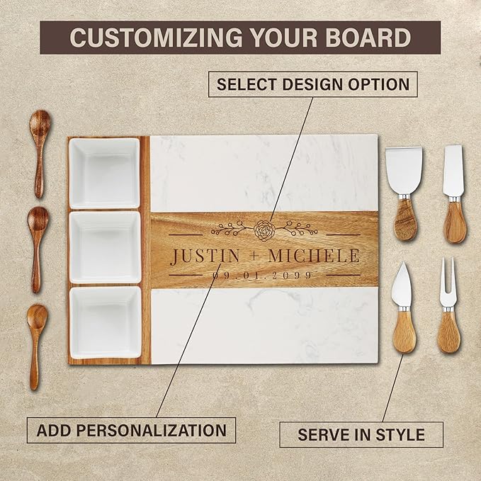 Personalized Charcuterie Board Set, Custom Laser Engraved Marble Wood Cheese Serving Board with Knife Set, Wedding & Engagement Gift for Couples, Bridal Shower & Housewarming Gift, Ready-to-Gift Box