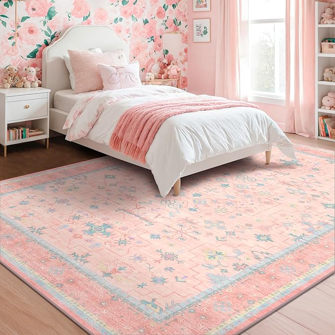 Pink and Blue Washable 5x8 Living Room Rugs, Boho Aethestic Oushak Vintage Area Rug for Bedroom Girls Kids Playroom Nursery Room, Non-Slip Rubber Backing Stain Resistant
