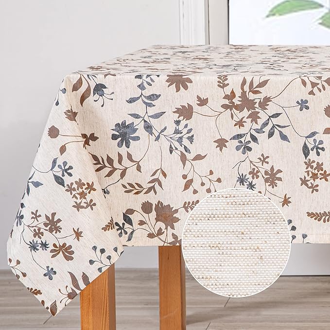 MYSKY HOME Rustic Tablecloth Classic Brown Leaves Printed Linen Fabric Table Cover Waterproof Fabric Tablecloth Farmhouse Decoration 60x84 Inches Rectangle/Oblong for Kitchen Dining and Outdoor Use