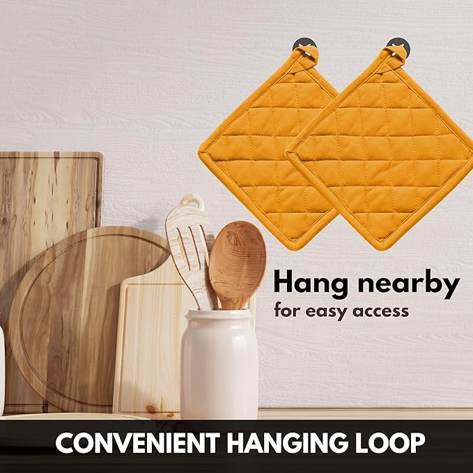 Oven Mitt (7"x13") & Pot Holder (8"x8") 100% Cotton Set of Heat Resistant Oven Gloves & Hot Pads for Gifts, BBQ, Cooking, Baking, Thanksgiving - Mustard Yellow