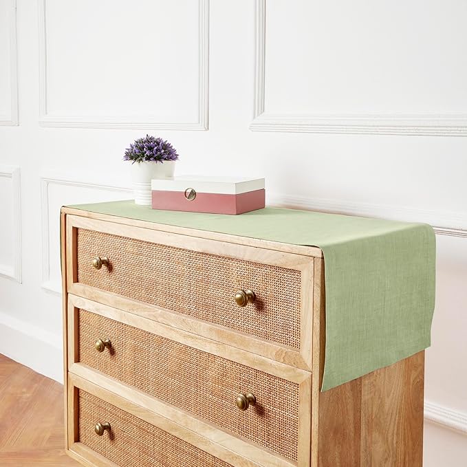 Solino Home Linen Small Table Runner 60 Inches - Athena, 100% Pure Linen Chambray Olive Table Runner 14 x 60 Inch Ideal for Dresser and Coffee Tables - Spring, St Patricks Day
