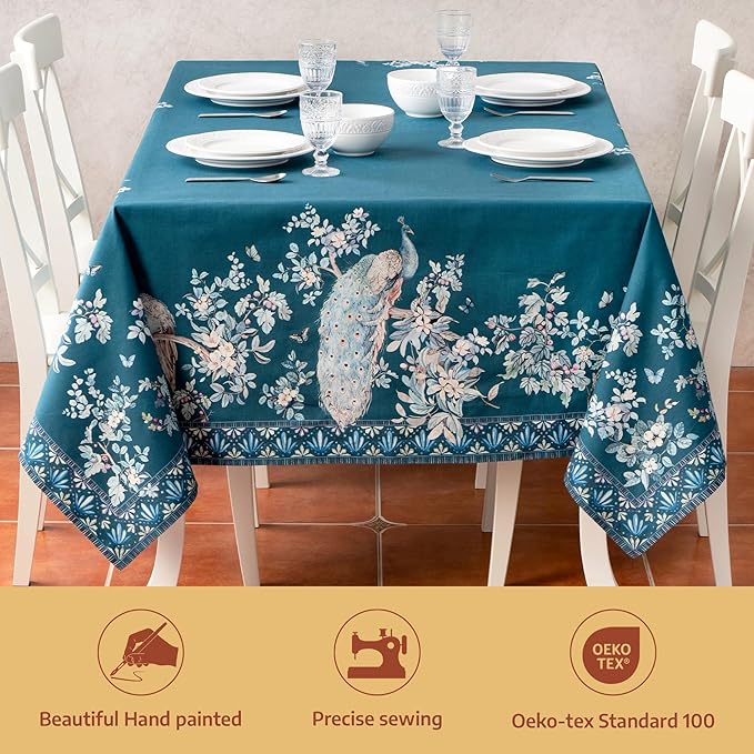 Maison d' Hermine Premium Table Cloth Rectangle Table 100% Combed Cotton 108 x 70 Inches Tablecloth Reusable Decorative for Dining Room, Farmhouse, Party, Festive & Wedding - Peacock Utopia - Deep Sea