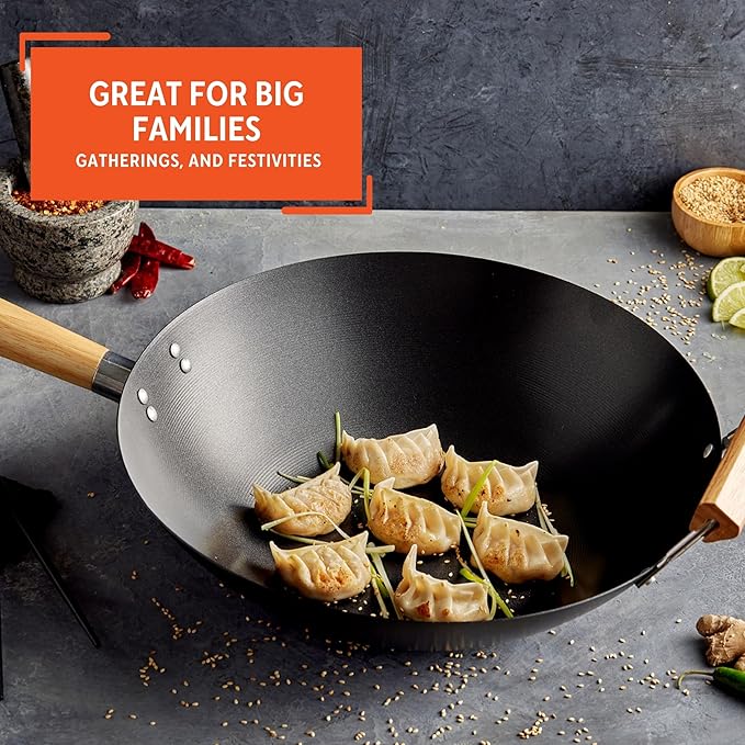 IMUSA 14in Carbon Steel Nonstick Wok with Wood Handles, Black