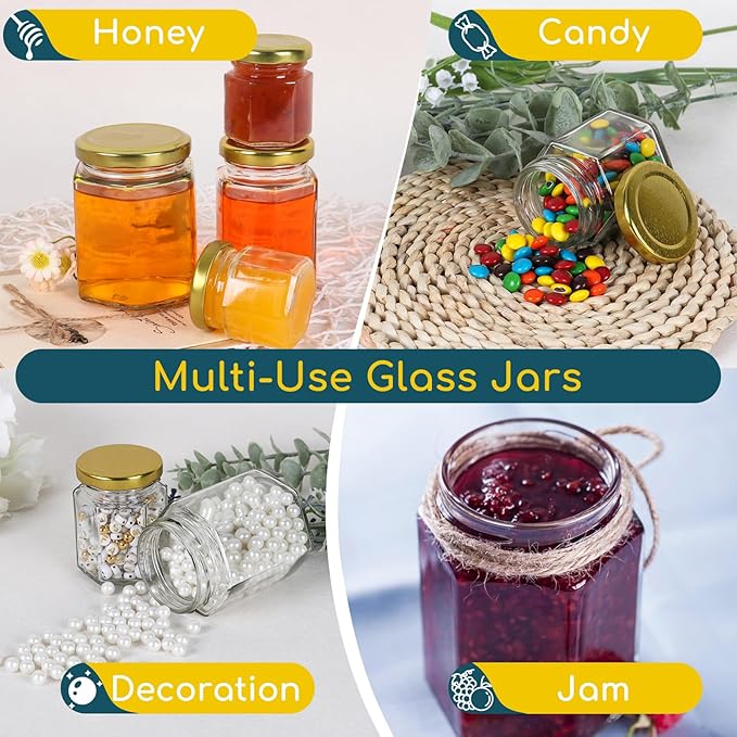 Keketin 3 oz Honey Jars,30 Pack Hexagonal Glass Jars with Gold Lids,90ml Small Canning Jar Mini Storage Glass Jars for Jams,Fruits,Spices,Nuts,Jellies,Baby Foods