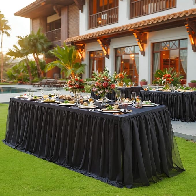 Black Tulle Tablecloths for 6 Foot Rectangular Tables 6ft Black Table Cloth Rectangle Wrinkle Free Stretch Spandex Table Cover with Tutu Skirt for Wedding Birthday Party Banquet Buffet Tradeshow