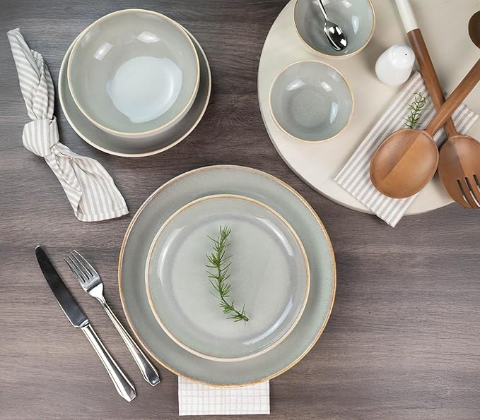Sango 16-Piece Stoneware Dinnerware Set for 4, Glossy Cream/Green Plates and Bowls Sets with Reactive Glaze, Ceramic Dish Set, Modern Dishes for Everyday Use, Microwave & Dishwasher Safe, Resona Moss