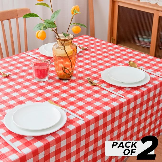 Nasitos 2 Pack Vinyl Table Cloth Flannel Backed 60x102 Inch-Rectangle Waterproof Tablecloth Checkered Red and White, Wipeable Plastic Table Cover for Dinner Party, Kitchen, Outdoor