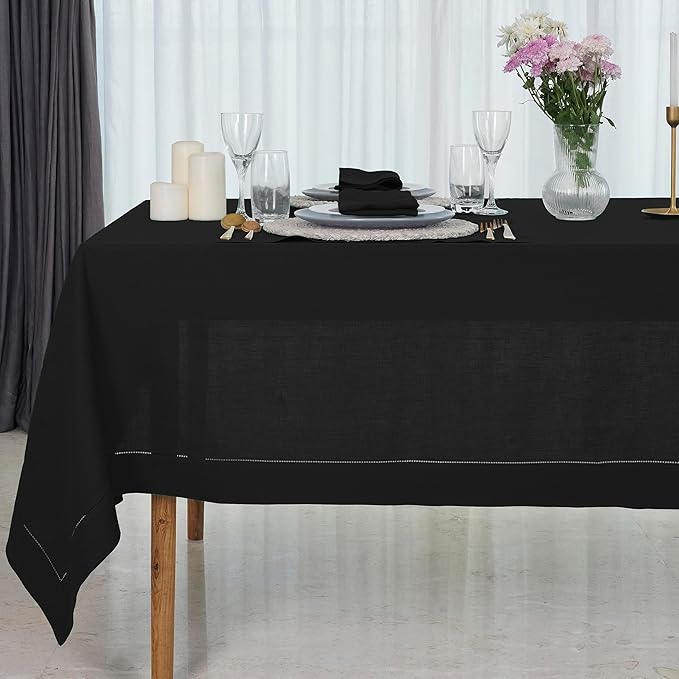D'Moksha Homes Black Linen Tablecloth 60 x 108 Inch - 100% Pure Linen Black Table Cloth for Rectangle Tables - Classic Hemstitch, Machine Washable Tablecloth for Spring, Easter