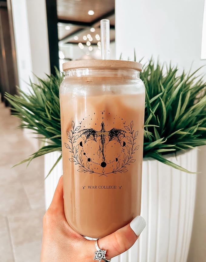 Sip Sip Hooray Fourth Wing Glass Cup with Lid and Straw, 16oz Bookish Iced Coffee Tumbler, Fantasy Dragon Romantasy Gift, Glass Cup for Readers, Booktok Merch, Aesthetic Coffee Cup