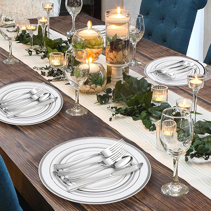 BESTVIP 600PCS Silver Plastic Plate Set (100 Guests), Disposable Plates for Party Wedding Birthday, Dinnerware Set of 200 Plastic Plates, 200 Forks, 100 Spoons, 100 Knives for Christmas