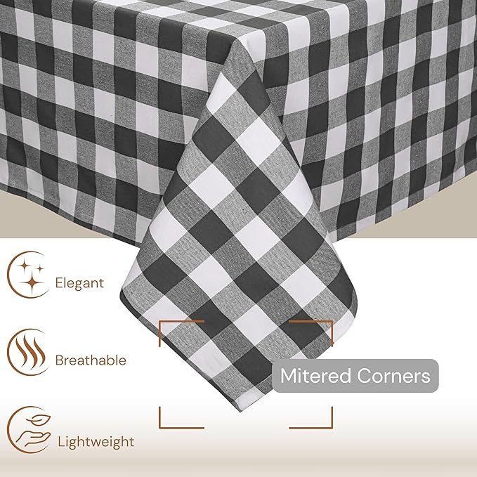 Buffalo Plaid Check 52"x70" Tablecloth 100% Cotton Washable Rustic Rectangle Table Cover Decorative for Gifts, Dining, BBQ, Buffet Parties & Camping - Grey