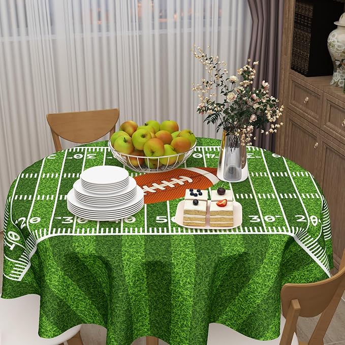 Football Round Tablecloth 70 Inch American Football Field Circle Table Cloth Rugby Ball Sport Themed Game Day Table Cover for Party Kitchen Dinner Home Decor
