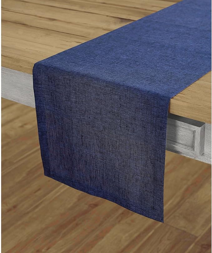 Solino Home Linen Chambray Navy Table Runner 120 Inches Long - Athena, 100% Pure Linen Dining Table Runner 14 x 120 Inch for Spring