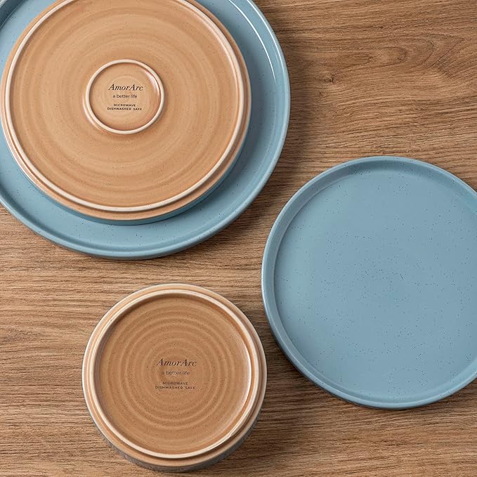 AmorArc Ceramic Dinnerware Set for 4 | Speckled Stoneware Plates and Bowls with unglazed terracotta | Scratch Resistant, Dishwasher & Microwave Safe Dishes Sets- 12-Pcs Blue