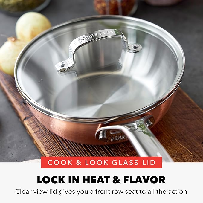 GreenPan x Bobby Flay 2QT Copper Clad Chef’s Pan with Lid, Induction Ready Sauce Pot, Measurement Markings, Stainless Steel Base & Interior, Oven Safe Saucepan to 500˚F
