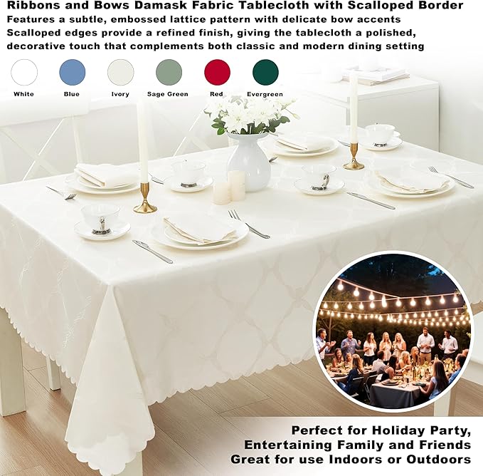 Newbridge Ribbons and Bows Damask Spring & Easter Holiday Fabric Tablecloth, Ivory, 52 x 52 Inch Square, Wrinkle & Stain Resistant Table Cover
