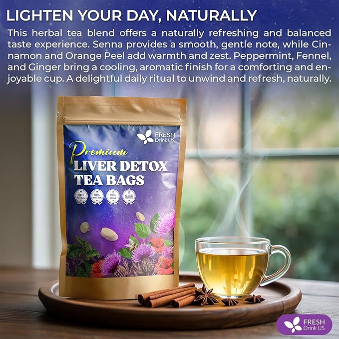 FreshDrinkUS, Premium Liver Detox Tea Bags | 60 Count | Eco-Conscious Corn Fiber Tea Bags | Ayurvedic Stomach Relief & Liver Support | Vegan, Caffeine Free, Kosher