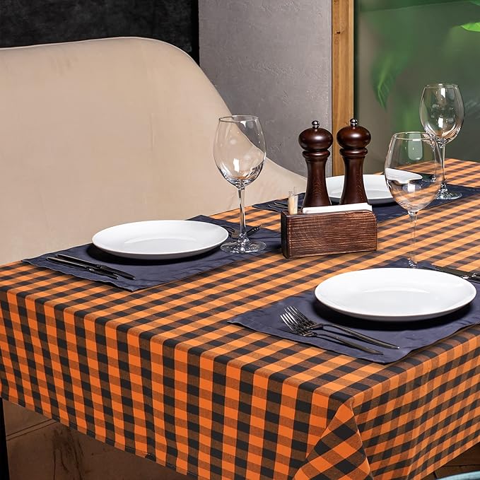 Urban Villa Halloween Tablecloth Buffalo Check Table Cloth Tabletop Cover Kitchen Dining Tablecloth Size- 60"X84"100% Cotton Ideal for Parties Wedding Holiday Dinner Orange/Black Rectangle 6-8 Seats