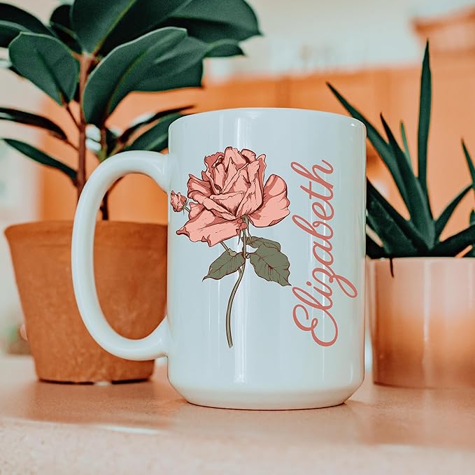 moonloom Personalized Coffee Mugs With Names & Birth Flowers Gifts, Customized Birth Month Flower Teacup 11 Or 15 Oz White Ceramic Mug Birthday Gifts (Bithflower- Vertical, White)
