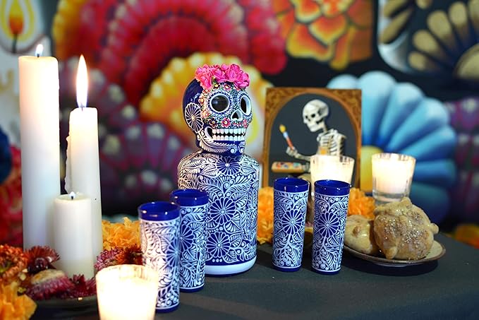 Tequila Decanter Set, Liquor Decanter with Shot Glasses and Mexican Sombrero, Hand-painted Decanter, Skull Decanter, Bar Decoration, Unique Tequila Gift, Gift For Dad (Blue Catrina Set)