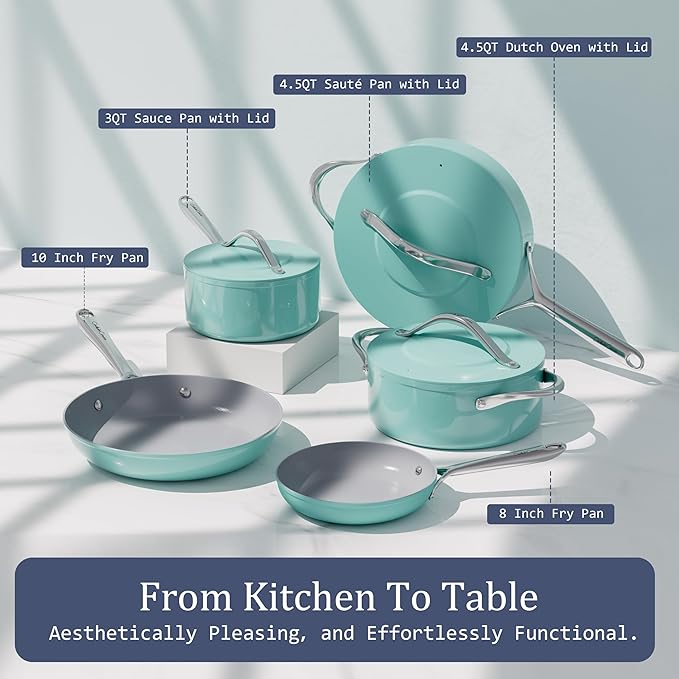 Nonstick Ceramic Frying Pan 10" for All Cooktops, PTFE/PFOA/PFAS Free, Even Heat Distribution Oven Safe up to 500°F, Healthy Non Toxic Skillet w/ Ergonomic Stainless Steel Handle, Caribbean Blue