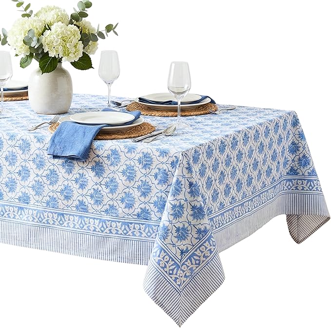 ATOSII Padma Blue 100% Cotton Square Summer Tablecloth, Indian Block Print Floral Table Cloth I Dining Parties Weddings Outdoors Holidays 60 X 60 Inches, 4 Seater I Grandmillennial Farmhouse Boho