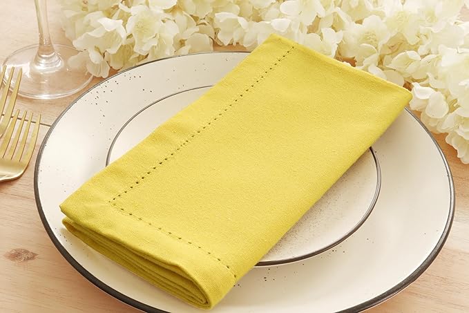 PurpleEssences Set of 12 Hemstitch Cloth Dinner Napkins 100% Cotton - Soft Durable Washable - Ideal for Wedding Fall Thanksgiving - Perfect Everyday Use Table Linen 18x18 - Yellow