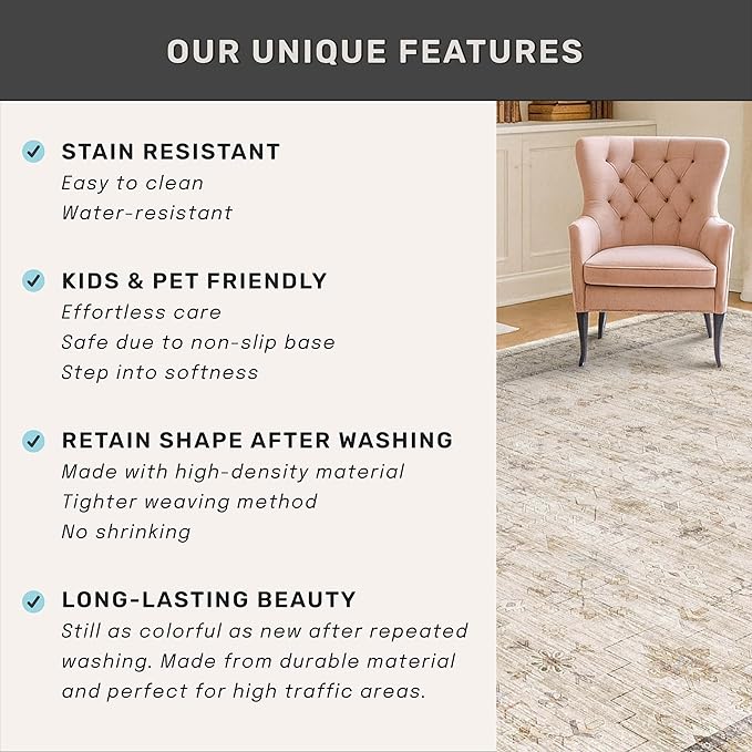 Washable Floral 10x14 Big Living Room Rug, Stain Resistant Foldable Area Rug for Bedroom, Large Dining Room, Farmhouse Neutral Light Beige Décor Indoor, Low Pile Soft Vintage Floor Carpet
