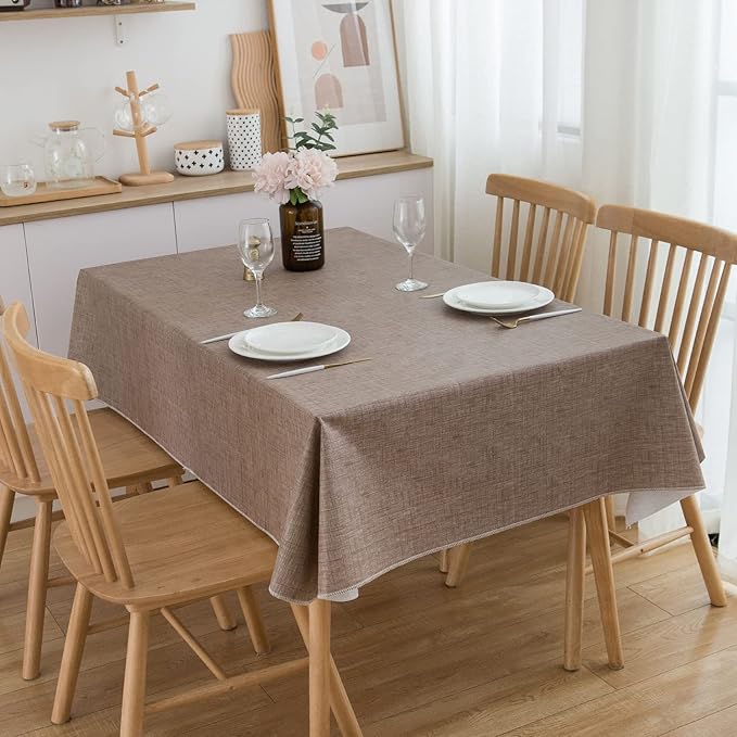 Pioggia Vinyl Tablecloth with Flannel Backing Square Waterproof Oil-Proof Plastic Table Cloth Wipeable PVC Table Cover for Indoor and Outdoor (Linen, 60 x 60 Inch)