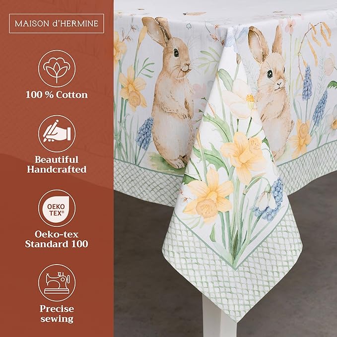 Maison d' Hermine Table Cloth Rectangle Table 100% Cotton 70 x 140 Inches Tablecloth Reusable Decorative for Dining Room Farmhouse Home Valentines Day Decorations Spring Summer - Easter Dew