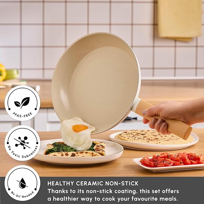 Karaca Swiss Crystal Almond 7-Piece Induction Non-Stick Cookware Set – Cream, PFAS-Free SwissCrystal Coating
