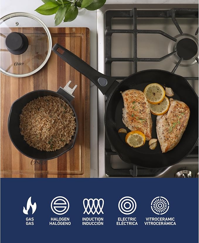 Oster SmartHandle 2-Qt Nonstick Saucepan & 10-Inch Fry Pan with Removable Handle Cookware Set – Oven & Dishwasher Safe, Space-Saving Cookware