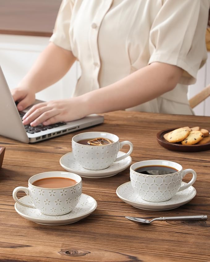 MALACASA 6 OZ Cappuccino Cups with Saucers Set of 4 - Ceramic Stackable Tea Cups and Saucers, Embossment Coffee Mugs for Tea, Latte and Mocha, Dishwasher Safe, Arctic white