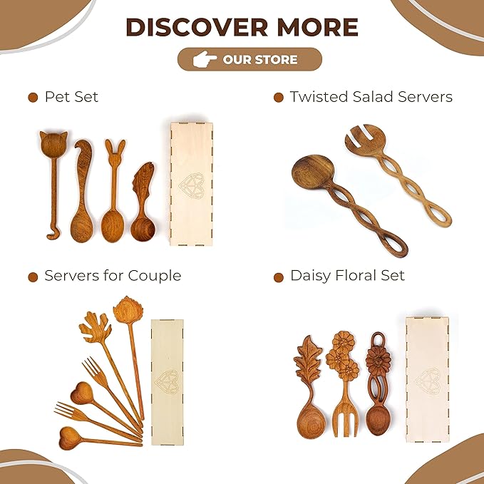JABIHOME 4 Wooden Spoons and Forks Set, Valentines Hostess Gifts for Women, Couple Cooking Gifts for Women, Handmade Gifts, Nana Gifts