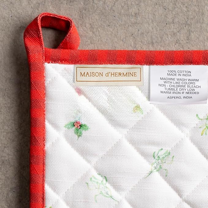 Maison d' Hermine 100% Cotton Oven Mitt & Pot Holder Set (7.5"x13" & 8"x8") Heat Resistant BBQ Cooking Gloves with Loop for Thanksgiving Christmas Decorations Handling Hot Pans (Christmas Tradition)
