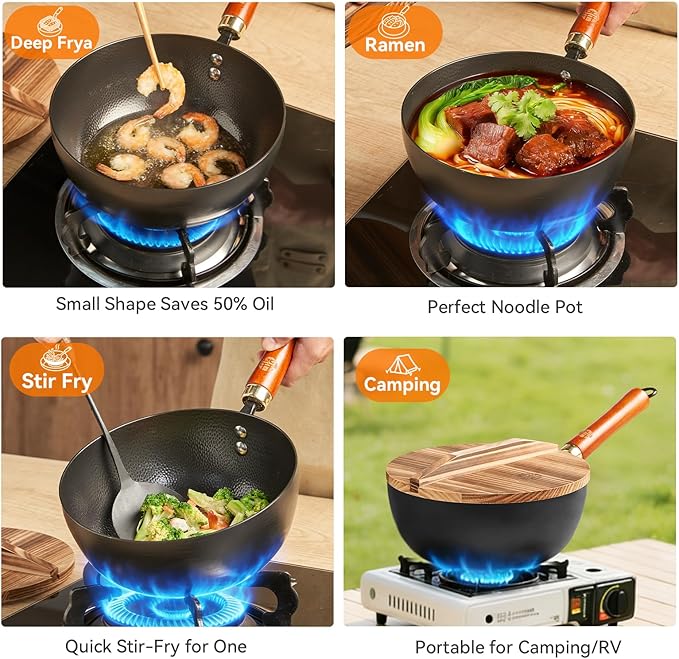 WANGYUANJI Carbon Steel Wok with Lid, 8.7" Small Mini Wok Pan, Thickened Heavy Duty Flat Bottom for Deep Frying, Camping & Solo Meals, Induction Ready, Seasoning Required