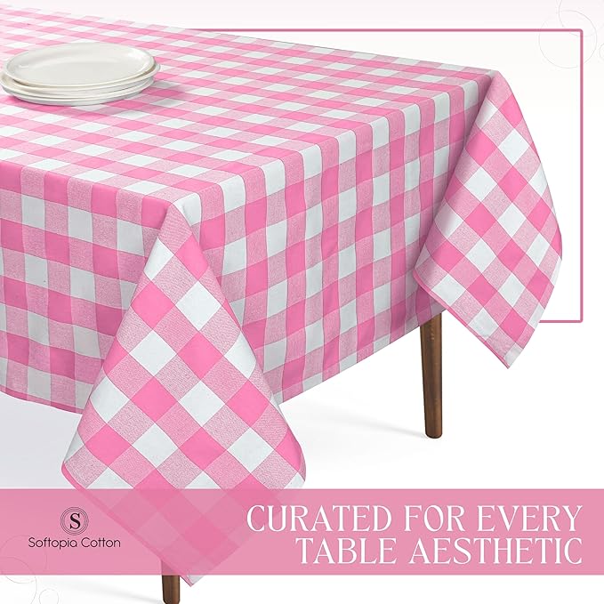Rose Pink and White Buffalo Check Tablecloth, 52x70 Inches, Plaid Table Cover, 100% Cotton, Washable and Reusable, Perfect for Baby Showers, Birthdays, Weddings and Holiday Gatherings