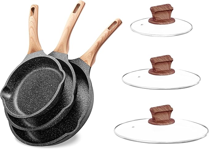 YIIFEEO Non Stick Frying Pan Set with Lids, Granite Skillet Set, Egg Omelette Pans for Cooking Pan Set, No Toxic Kitchen Cookware Set Compatible with All Stovetops (Gas & Induction), PFOA Free, Gift