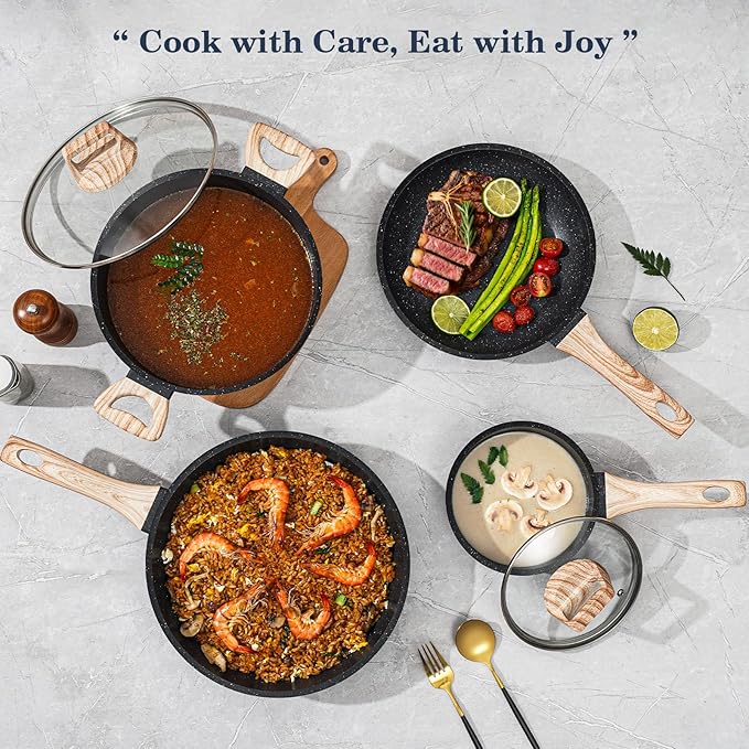 12 Pcs Pots and Pans Set Non Stick, Cookware Sets Black Granite Induction Cookware, Non-toxic Healthy Nonstick Kitchen Cooking Set with Frying Pans Set, Saucepans (PFAS/ PFOA/ PFOS Free)
