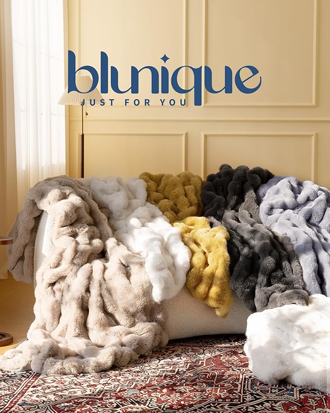 Ultra Soft Cozy Faux Fur Throw Blanket, Fuzzy Plush Thick Bubble Blanket, Luxury Fluffy Blanket for Couch, Sofa, Bedroom, and Living Room, 50x60 Inches, Cream White