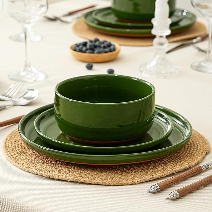 6 Piece Dinnerware Set, Dual Glaze Stoneware Plates and Bowls Sets, Modern Dinner Plate, Salad Plate, Cereal Bowl, Dish Set for 2, Microwave and Dishwasher Safe, Forest Glaze Green