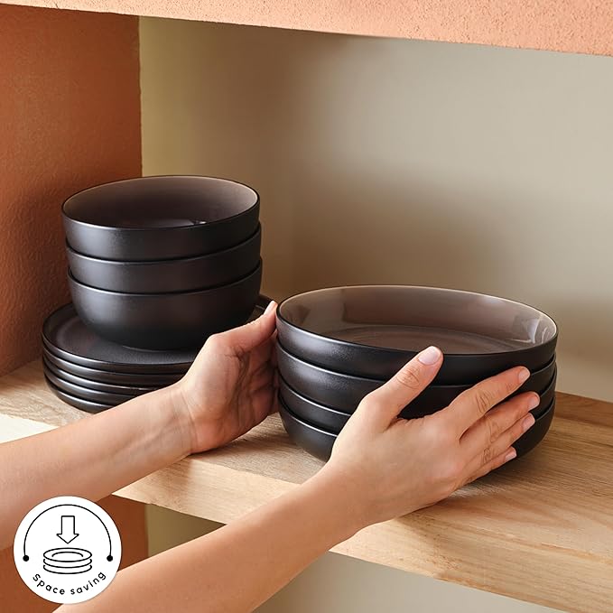 Karaca Mercure 59 Piece Stoneware Plates and Bowls Set, Reactive Glaze Black Dinner Set, Complete Kitchen Tableware Collection, Ideal Dinnerware for 12 People Dining Experience, Dishwasher Safe