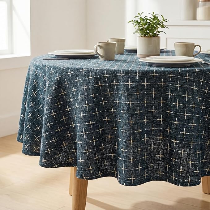 Horaldaily Navy Blue Round Table Cloth, Cross-Star Solid Textured Embroidery Tablecloth, Wrinkle Free Washable 60×60 Inch Table Cover for Kitchen, Party, Wedding, Picnic, Outdoor