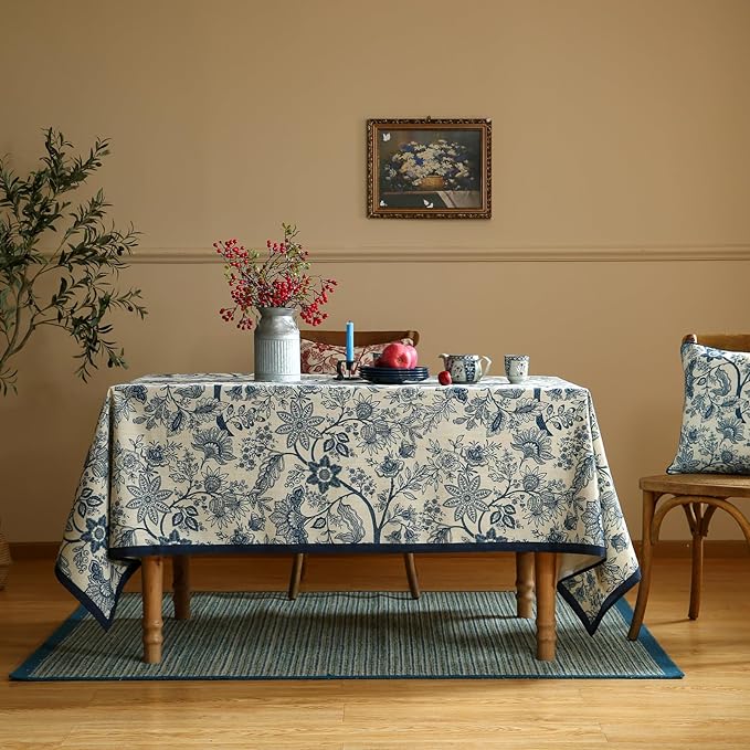 ISAENNE Designer French Linen Extra Long Rectangle Tablecloth,Blue Floral Washable Indoor Table Cloth,Durable Home Decor Tablecloths for Dining Thanksgiving Kitchen Party,63"*110"-Ruyi B