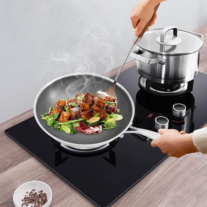 12 Inch Wok Pan with lid, Food-Grade Stainless Steel Woks & Stir-fry Pans Nonstick, Dishwasher and Oven Safe, Cooking Pan Compatible with Gas & Induction Cooker