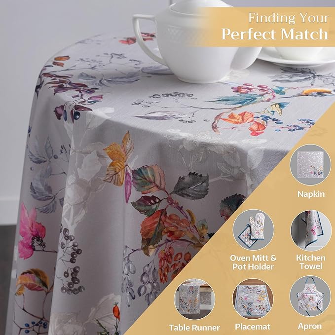Maison d' Hermine Table Cloth Round Table 100% Cotton 63 Inches Fall Tablecloth Reusable Everyday Use for Thanksgiving Christmas Decorations Dining Farmhouse Party (Equinoxe - Grey)